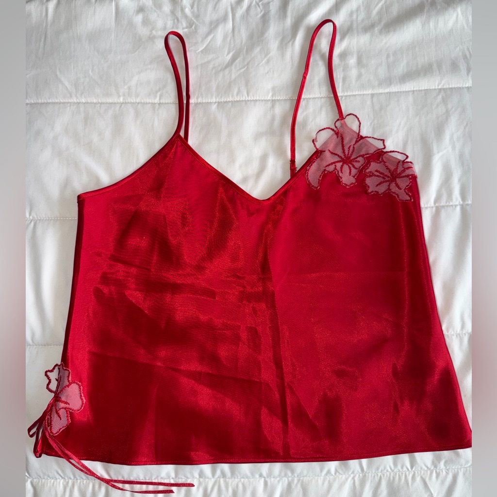 Silk Red Floral Camisole Top Sexy Straps Satin Mesh Details